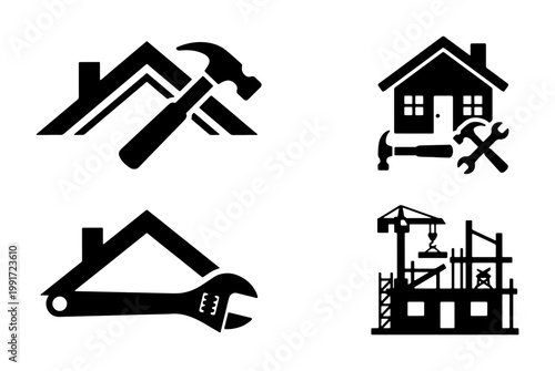 Home construction and repair icons set, house renovation and roofing service symbols, black building maintenance and handyman tools vector