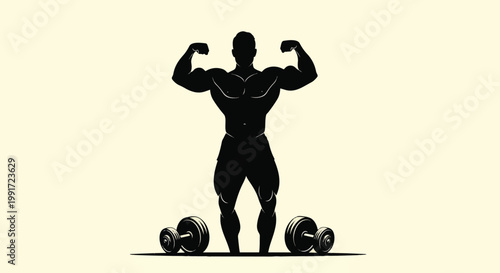 Silhouette Of Muscular Bodybuilder Flexing Biceps.