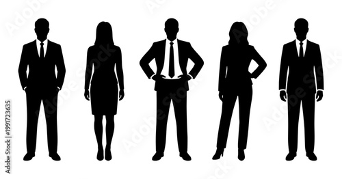 Professional business people silhouettes, corporate team of men and women in formal suits, set of five diverse office worker vector icons