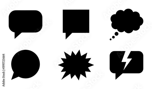 Black speech bubble icons set, comic book chat clouds and thought bubbles, 6 vector communication symbols for social media and messaging apps
