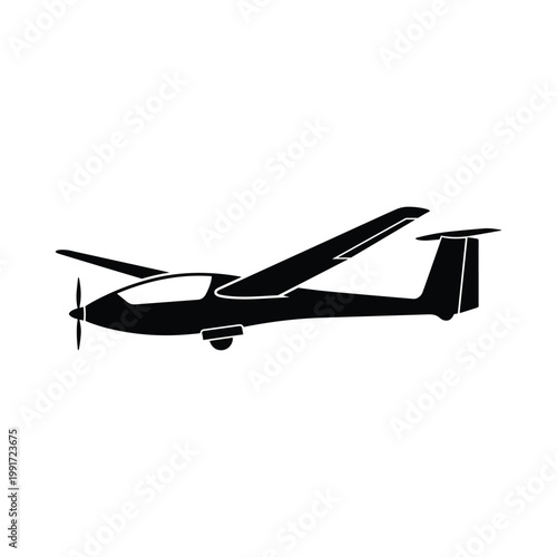 Black silhouette of a motor glider aircraft with propeller and tail fin on a white background