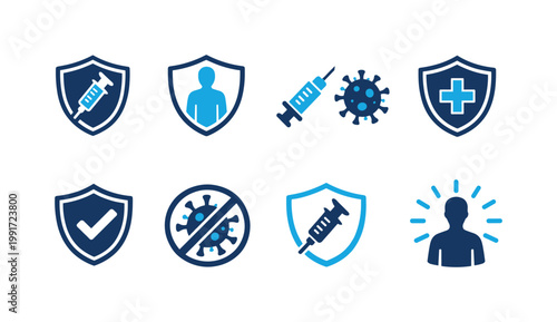 Set of vaccination and health protection icons featuring shields, syringe symbols, virus prevention sign, medical cross, and immune system silhouette