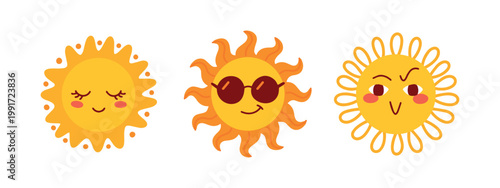 Three cheerful sun icons with various funny facial expressions. Ideal for weather applications, nursery decor, or summer-themed children materials
