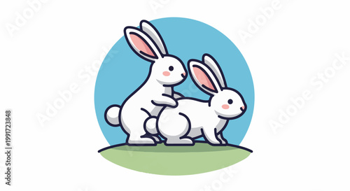 Two cute white rabbits in a playful pose on green grass, blue circle