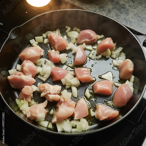 Raw Diced Chicken Breast and Onions Sizzling in Cast Iron Skillet