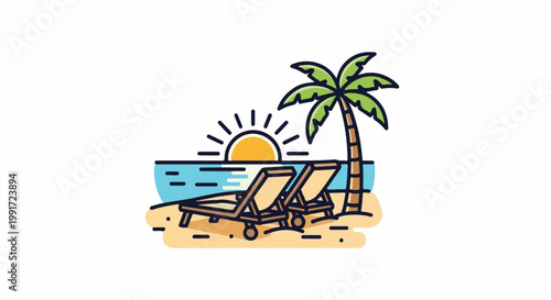 Tropical beach scene with palm tree, sun, ocean, and loungers