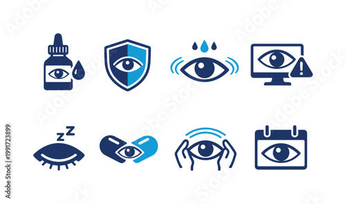 Set of eye care and vision health icons showing eyedrops, protection shield, irritation alerts, sleeping eye, medication capsule, examination, and calendar