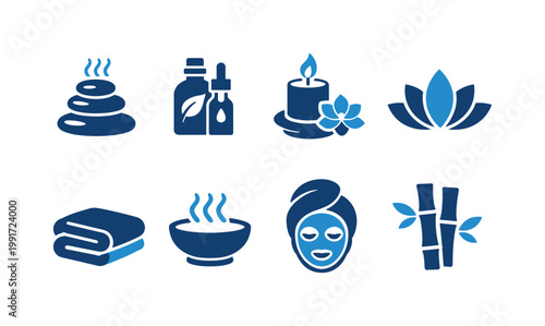 Set of spa and wellness icons featuring massage stones, essential oils, candle, lotus, towel, herbal steam bowl, facial mask, and bamboo