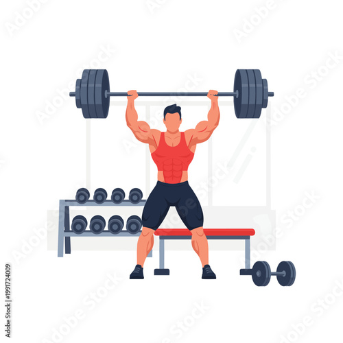 Male Weightlifter Performing Overhead Barbell Press Lift.