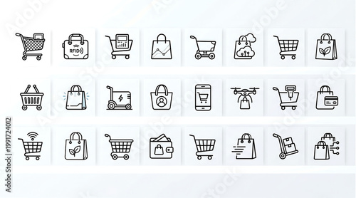 Minimalist shopping bag icon set in clean outline style suitable for ecommerce apps, retail branding, mobile interfaces, and web design. Includes multiple variations of bags and carts. Perfect for UI 