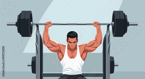 Male Athlete Performing Heavy Barbell Bench Press Exercise.