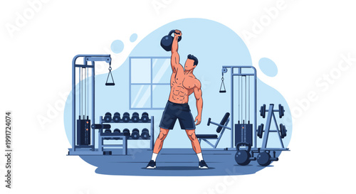 Athletic man lifting kettlebell overhead demonstrating strength.