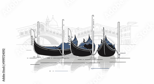 Three gondolas float on water with a bridge in the background