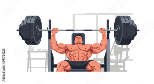 Male Bodybuilder Performing Heavy Barbell Bench Press.