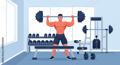 Muscular male weightlifter performing overhead barbell press.