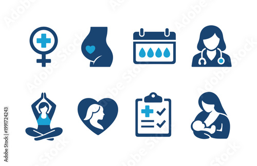 Set of minimalist women’s health and maternity icons featuring pregnancy, fertility, medical checklists, menstruation calendar, nurse, and self-care symbols