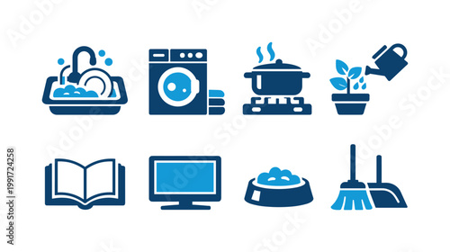 Set of household and home care icons showing washing dishes, laundry machine, cooking pot, watering plant, reading book, computer, pet bowl, and cleaning tools