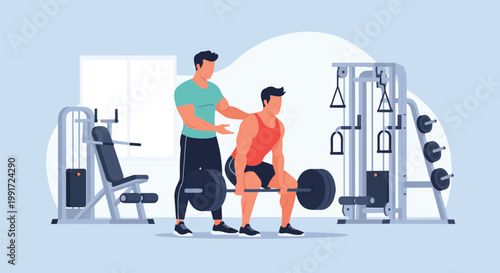 Personal trainer spotting man during barbell deadlift.