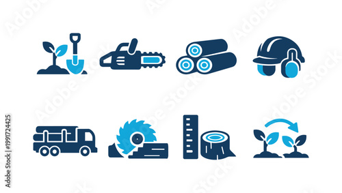Vector icon set for forestry and logging operations featuring chainsaw, timber logs, lumber transport truck, safety helmet, and reforestation tools