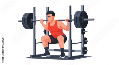 Male Weightlifter Performing Heavy Barbell Back Squat.