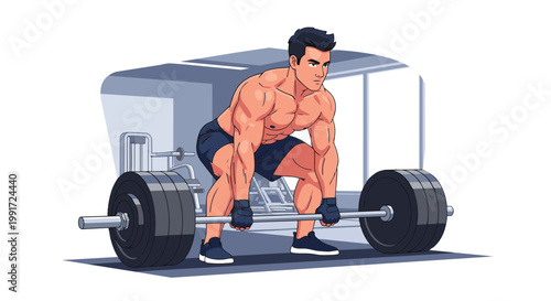 Muscular man performing heavy barbell deadlift exercise.