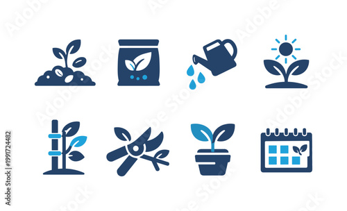 Set of minimalist gardening and plant care icons showing soil, fertilizer bag, watering can, seedling in sun, sprout growth, pruning, potting, and calendar
