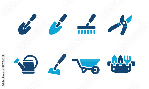Set of flat gardening tool icons including trowels, rake, pruning shears, watering can, hand spade, wheelbarrow, and planter box