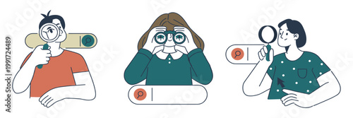 People using magnifying glasses and binoculars for observation and research with magnifying glass observation research binoculars searching discovery analysis investigation curiosity business