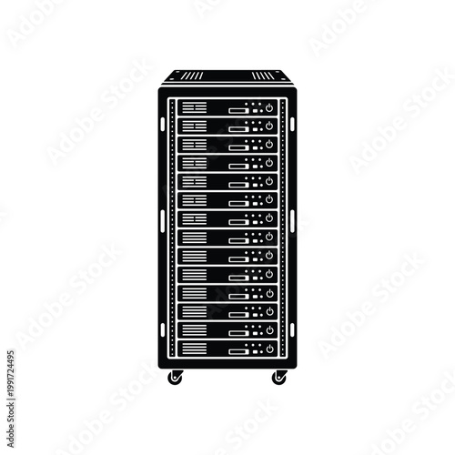 Black silhouette of a server rack with multiple stacked computer units on wheels, isolated on white background