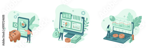 Online banking and personal finance management with piggy bank and mobile app digital financial literacy investment financial transaction credit card security business illustration