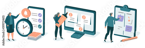 Project management and task planning with timers and boards sticky note task list planning organization efficiency schedule deadline strategy illustration activity application assignment