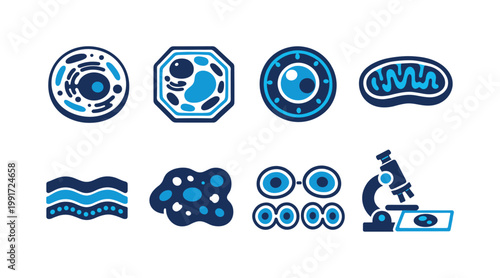 Set of stylized biology and microscopy icons featuring cells, bacteria, mitochondrion, tissue layers, petri cultures, and laboratory microscope illustration