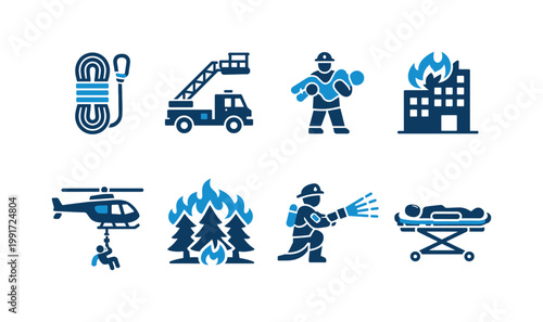 Emergency response icon set featuring firefighting tools, rescue helicopter, ladder truck, firefighter, burning building and forest fire, and medical stretcher