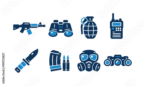 Set of military and tactical equipment icons including rifle, binoculars, hand grenade, radio, combat knife, ammunition magazine, gas mask, and optics