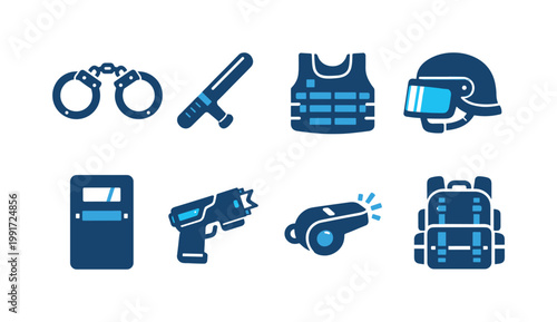 Set of law enforcement and security equipment icons including handcuffs, baton, tactical vest, helmet, riot shield, stun gun, whistle, and backpack