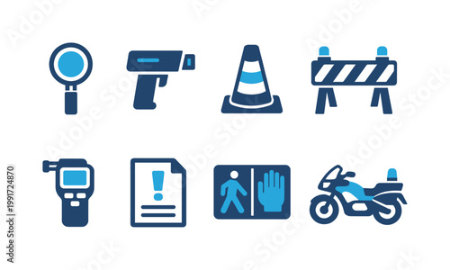 Set of road safety and traffic control icons including magnifier, radar gun, cone, barricade, speed camera, warning notice, pedestrian sign, and police motorcycle