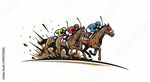 Three jockeys on horseback race ahead, kicking up dirt and speed