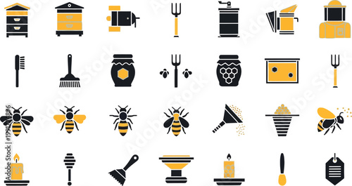Assorted beekeeping tools and honey related items illustrated in a flat design style Vector