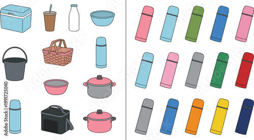 Collection of picnic and camping gear with thermoses in various colors