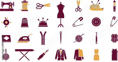 Assorted vintage sewing and tailoring tools and garments illustrated Vector