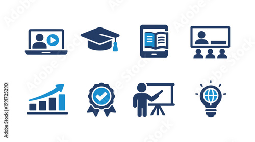 Set of e-learning and education icons showing online course, graduation cap, digital book, webinar audience, growth chart, certificate badge, presentation, and idea lamp