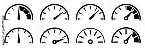 Speedometer and Tachometer Icon Set, Fast Speed Indicator Signs, Internet Car Performance Concept, Flat Simple Dashboard Gauge Symbols Vector Illustration for UI Design, Apps, and Infographics