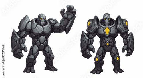Two pixelated stone golems, one with raised fist, other standing tall