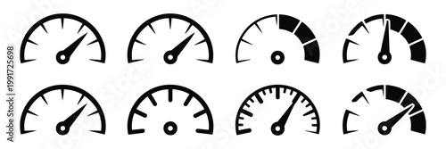 Speedometer and Tachometer Icon Set, Fast Speed Indicator Signs, Internet Car Performance Concept, Flat Simple Dashboard Gauge Symbols Vector Illustration for UI Design, Apps, and Infographics