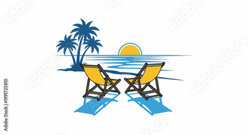 Two empty chairs face the ocean at sunset with palm trees