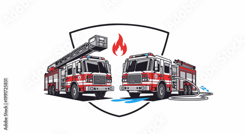 Two red fire trucks are depicted with a ladder and hose, set against a white background