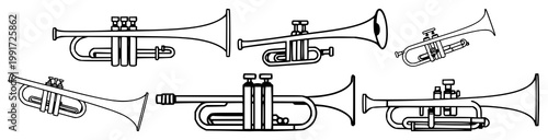 Trumpet set with simple line art illustration representing 'Taps' played at memorial service featuring trumpet, line art, music notes with solemn and commemorative
