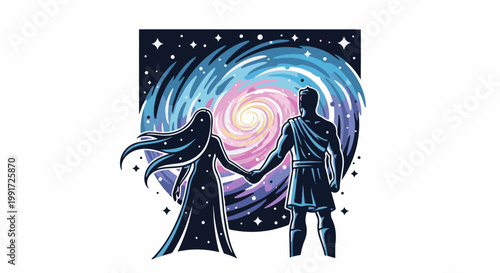 Two figures hold hands against a swirling cosmic backdrop of stars and nebulae