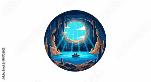 Two silhouetted figures in a boat navigate an underground lake towards a sunlit opening