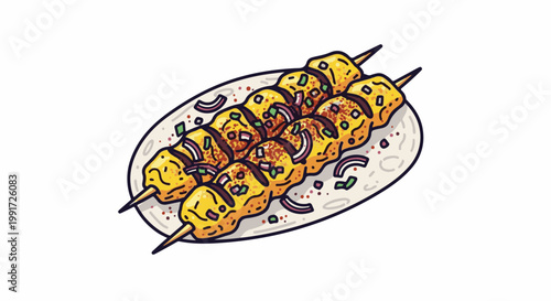 Two skewers of golden-yellow savory bites, seasoned and garnished with red onion